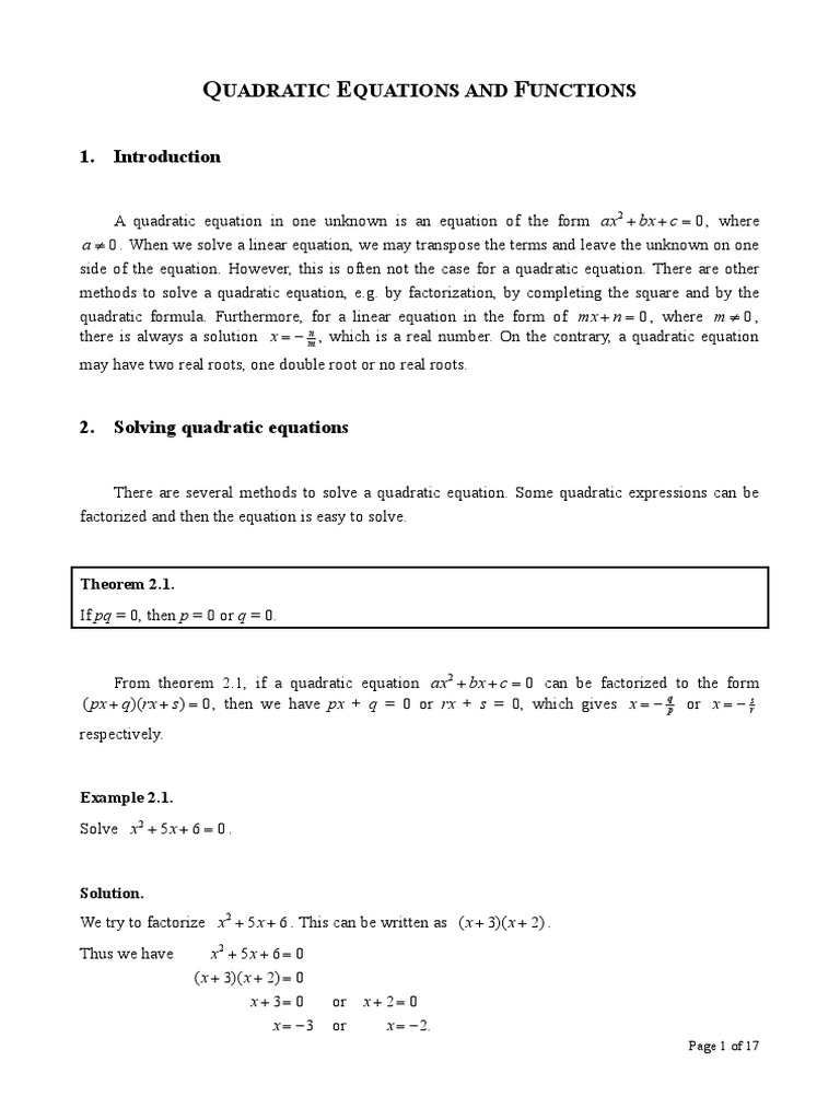 Quadratic Equations and Functions PDF | PDF