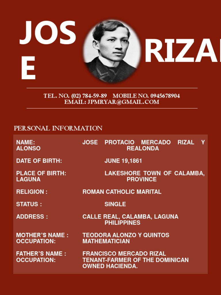 JOS E Rizal Personal Information PDF Philippines