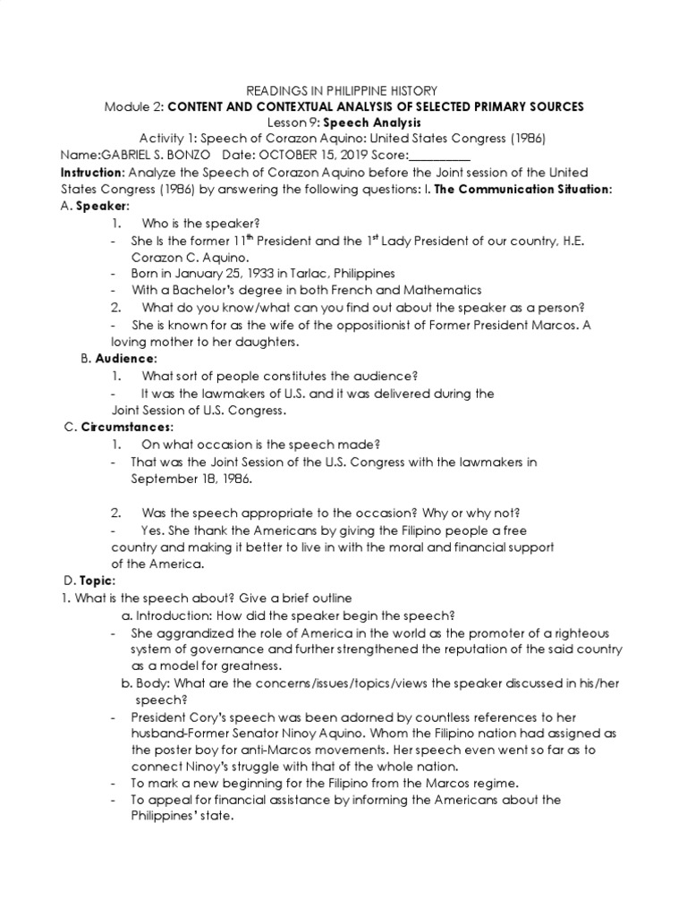 Aquino's 1986 US Congress Speech Analysis | PDF | Corazon Aquino ...