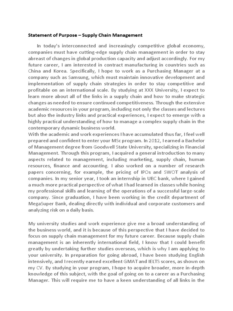 Statement of Purpose Supply Chain Management Supply Chain Economies