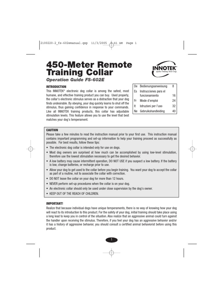 FS602E Innotek 450 M Remote Training Collar Manual en FR NL de IT ES PDF Battery Charger