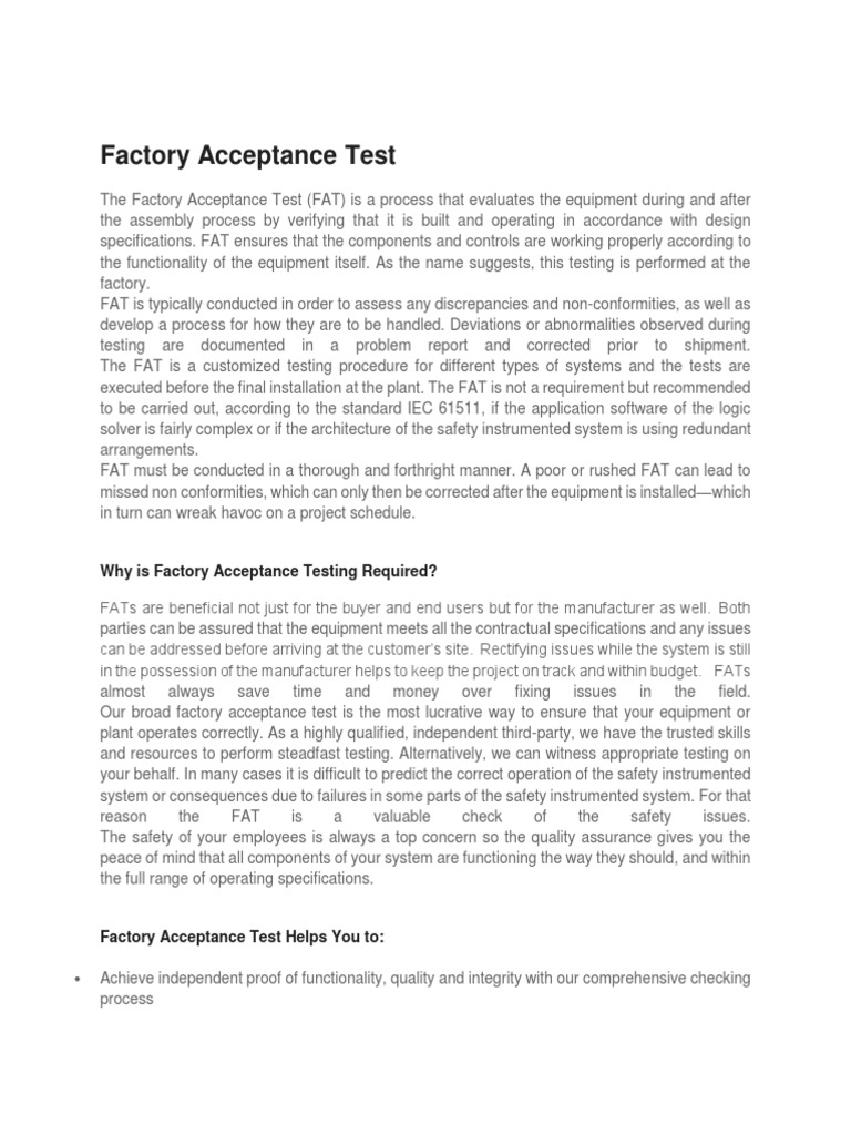 Factory Acceptance Test PDF Specification (Technical Standard) Safety
