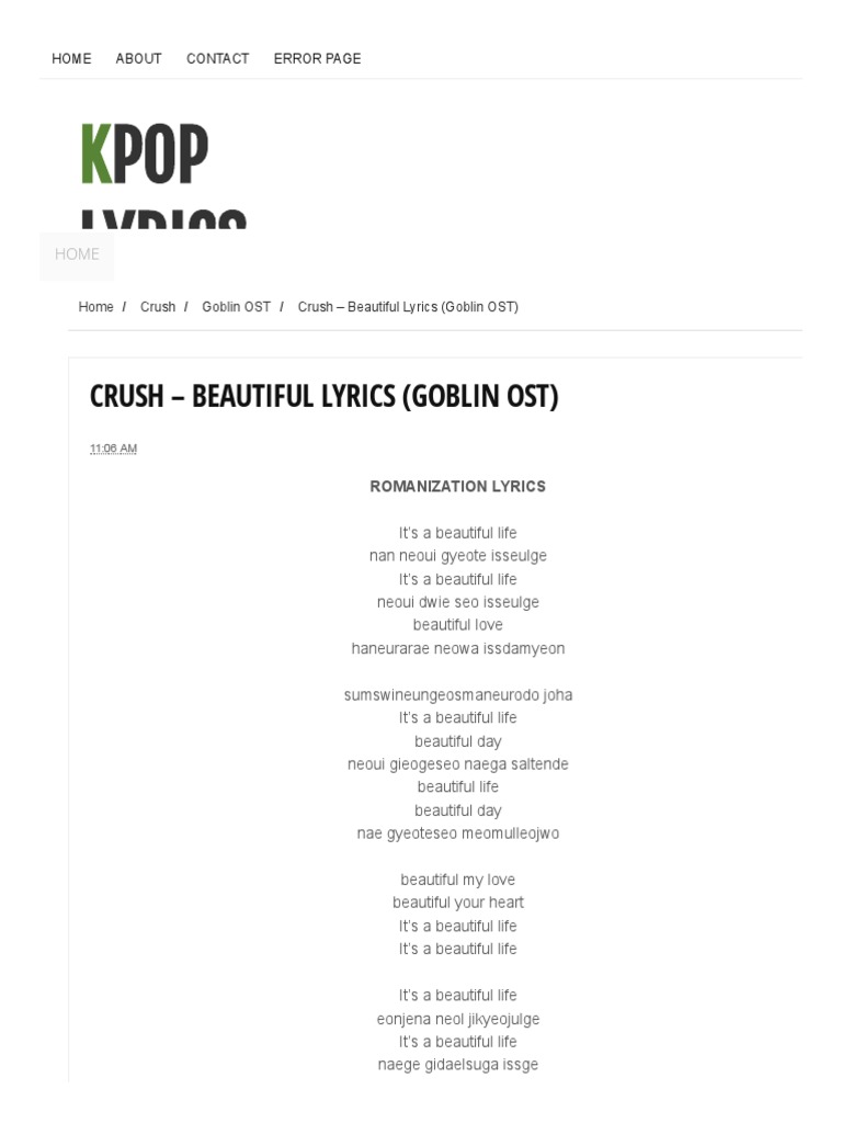 Crush Beautiful Lyrics Goblin Ost Kpop Lyrics 2 Youm Pdf Communication Business