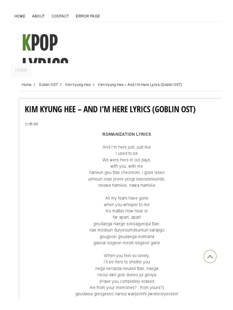 Kim Kyung Hee And I M Here Lyrics Goblin Ost Kpop Lyrics 2 You
