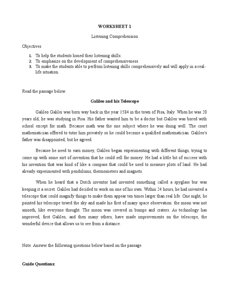 Worksheet 1 PDF Galileo Galilei Telescope