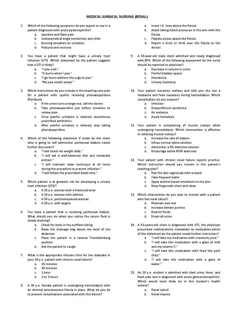 RENAL Exam Question PDF Urinary Tract Infection Hemodialysis