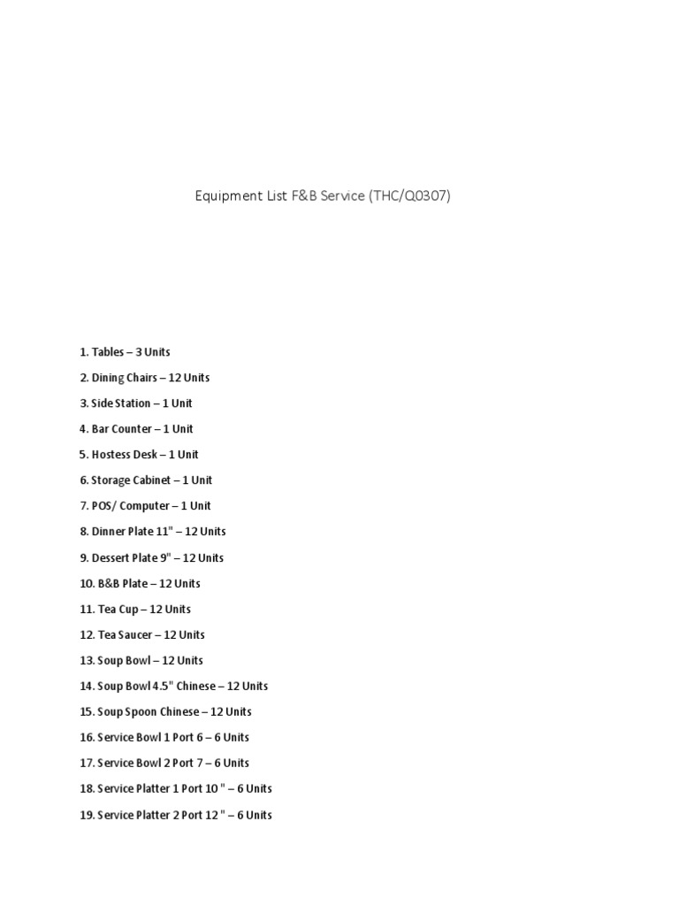 Equipment List F&B Service (THC/Q0307)