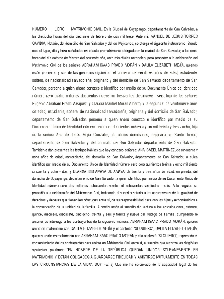 Introducir 61+ imagen modelo de acta de matrimonio en el salvador