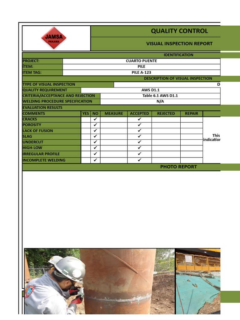 Visual Inspection Report for Welding Quality | PDF | Quality ...