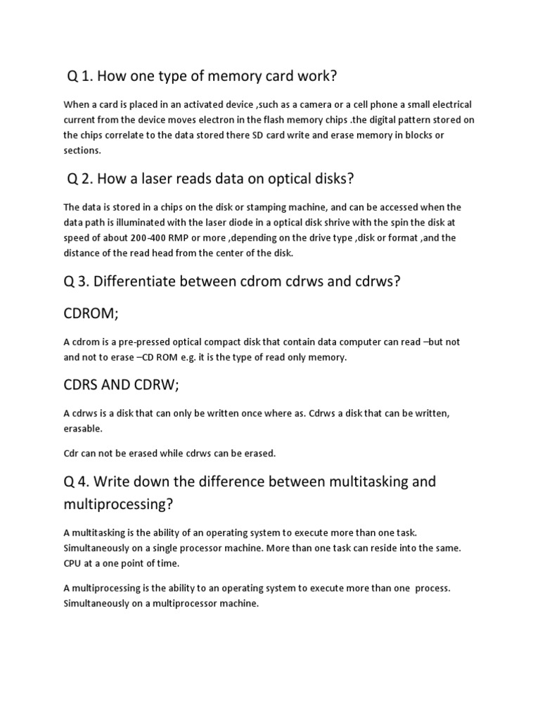 Q 1. How One Type of Memory Card Work? | PDF | Disk Storage | Computer ...