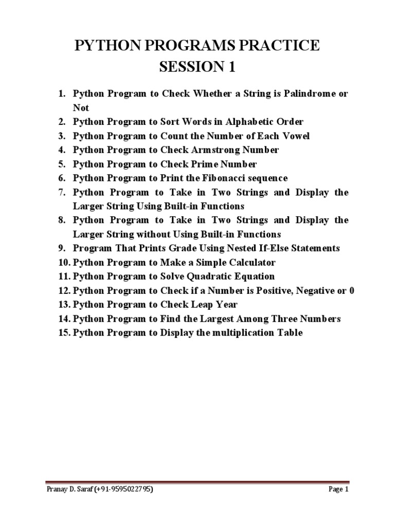 Python Programs Practice Session 1: Pranay D. Saraf (+91-9595022795) | PDF