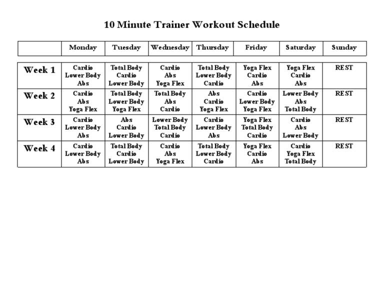 10 Minute Trainer Workout Schedule Week 1 Week 2 Week 3 Week 4 PDF