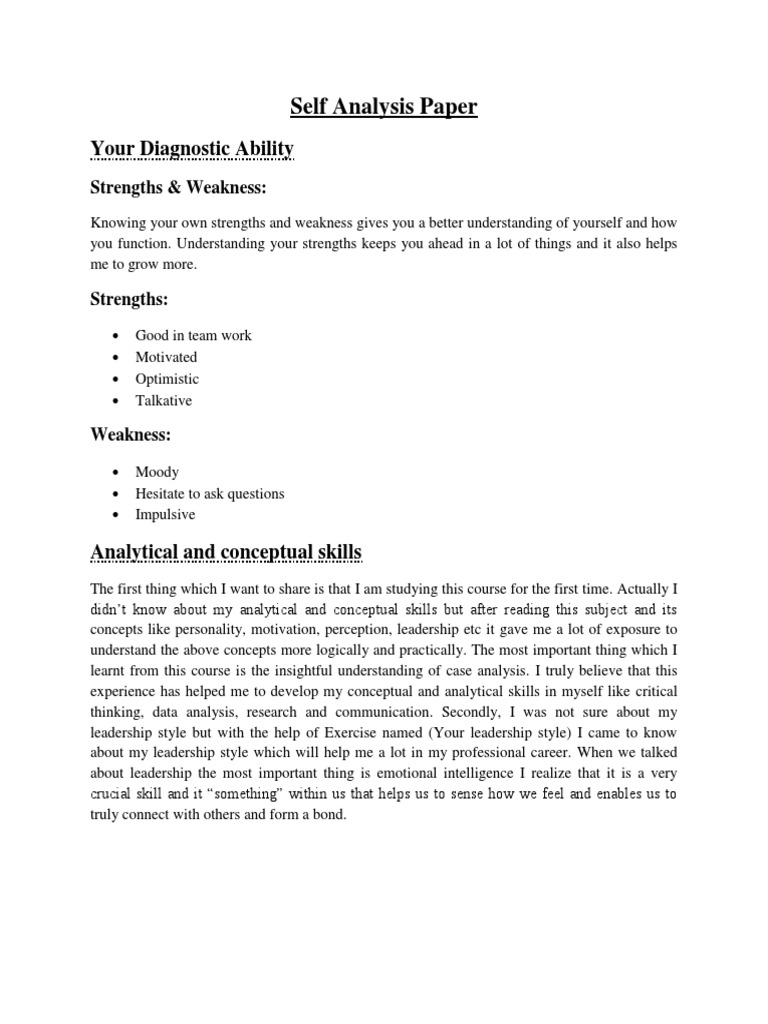 Self Analysis Paper: Your Diagnostic Ability | PDF | Self-Improvement ...