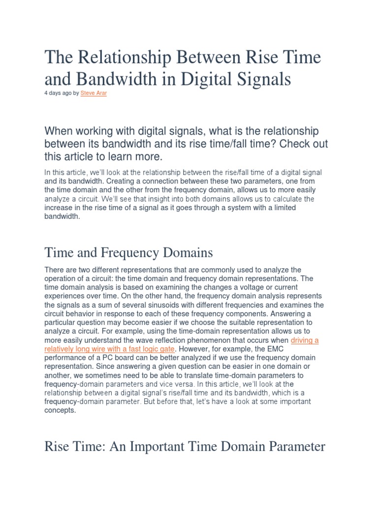 The Relationship Between Rise Time and Bandwidth in Digital Signals PDF Bandwidth (Signal