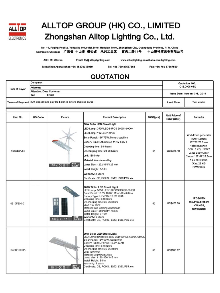 Solar LED Street Light Quotation | PDF | Solar Panel | Street Light