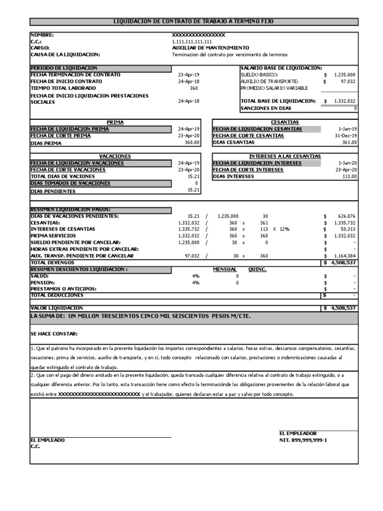 Formato para Liquidar Contrato de Trabajo A Termino Fijo | PDF ...