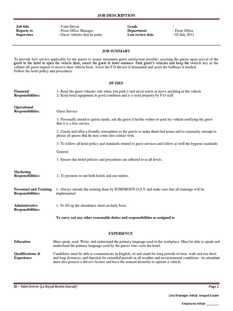 Valet Driver Job Description LR Download Free PDF Communication