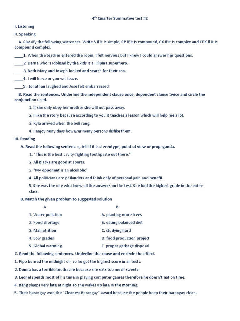 4th Quarter Summative Test Guide | PDF | Language Arts & Discipline