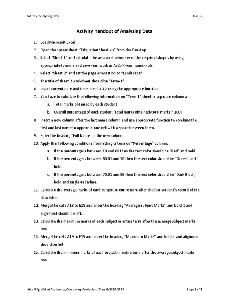 Activity Handout of Analyzing Data | PDF | Spreadsheet | Microsoft Excel