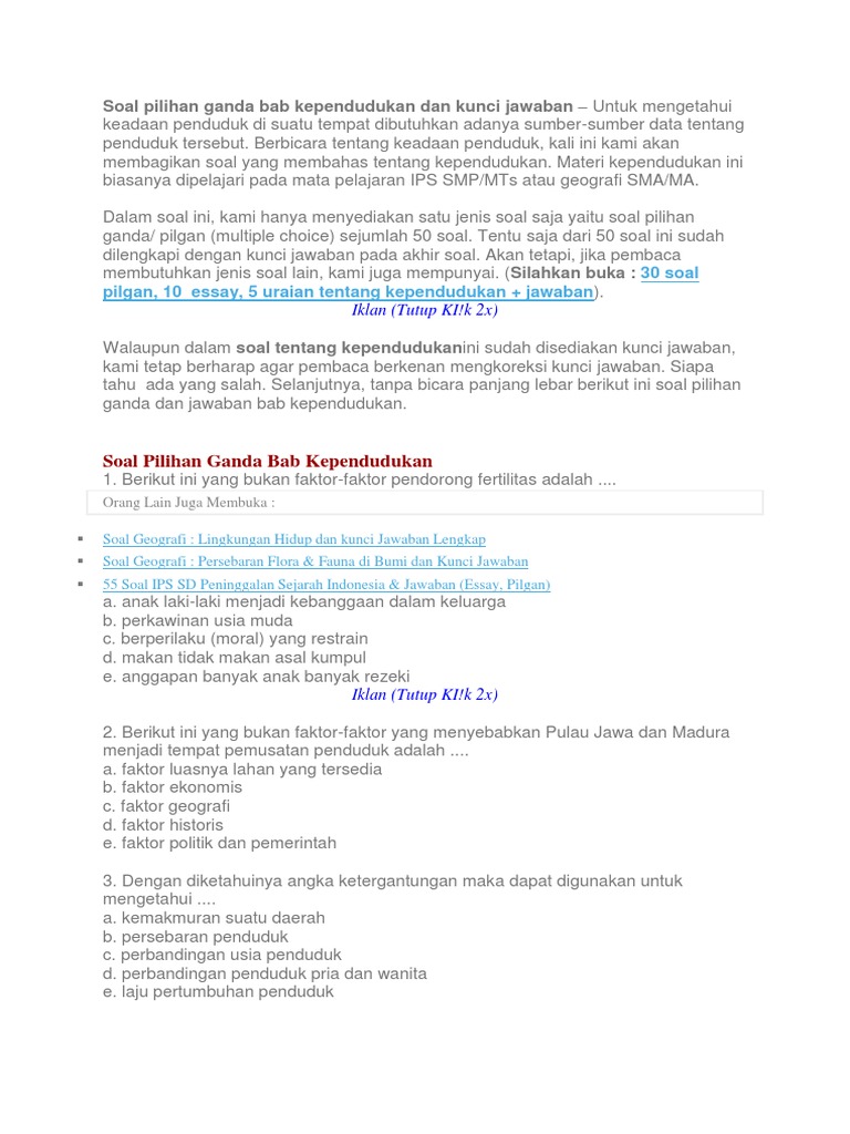 Soal Pilihan Ganda Bab Kependudukan Dan Kunci Jawaban Docx