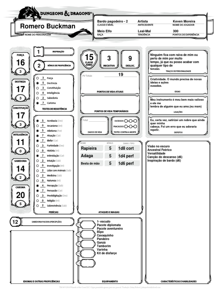 D&D 5E Ficha de Bardo Lvl