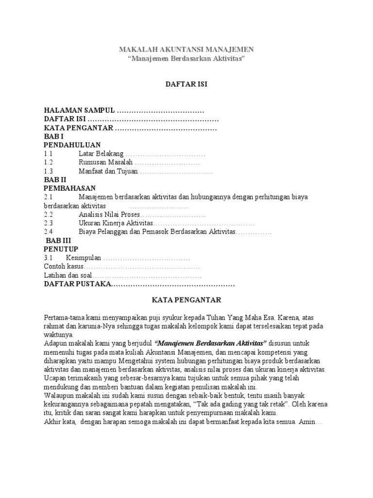 Daftar Isi Makalah Akuntansi Manajemen Manajemen Berdasarkan Aktivitas