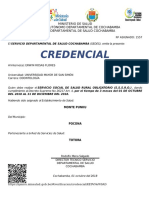 Credencial: Ministerio de Salud Gobierno Autónomo Departamental de Cochabamba Servicio Departamental de Salud Cochabamba