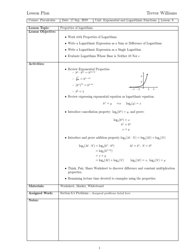 Logarithmic Properties Lesson Plan PDF Logarithm Exponential Function