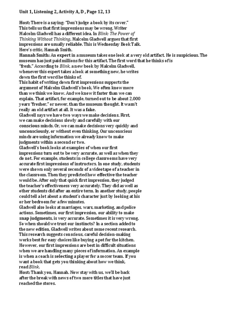 Unit 1 Practice Listening 2 Pdf Behavioural Sciences Cognition