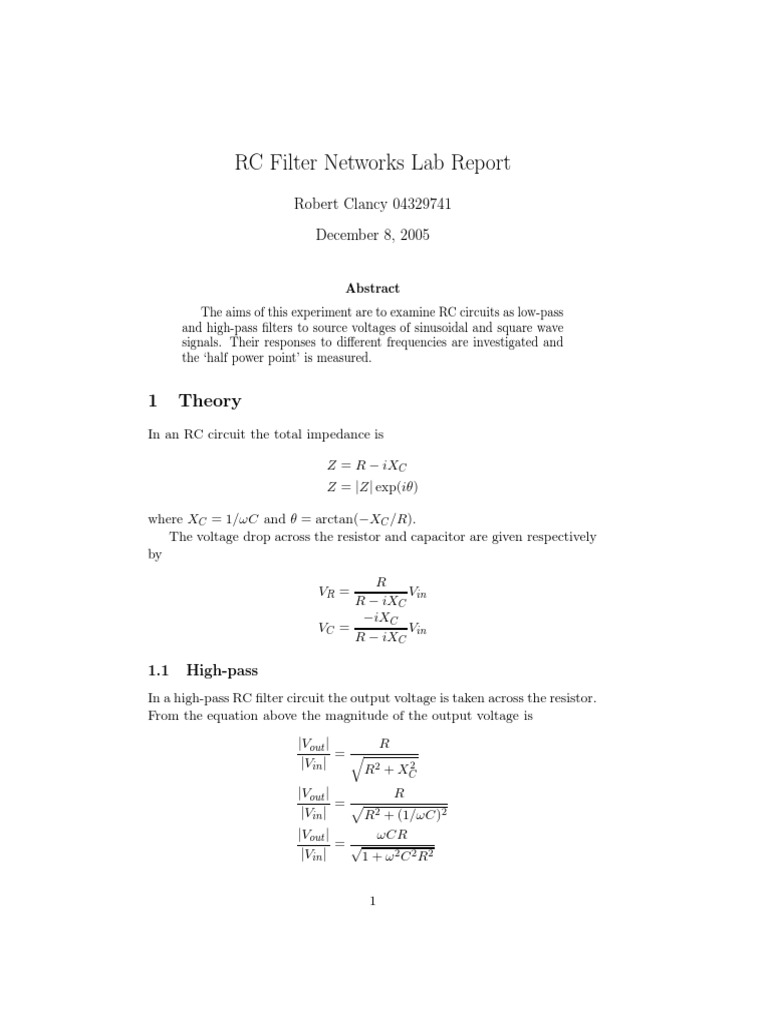 RC Filter Networks Lab Report 1 Theory PDF Low Pass Filter Electronic Filter