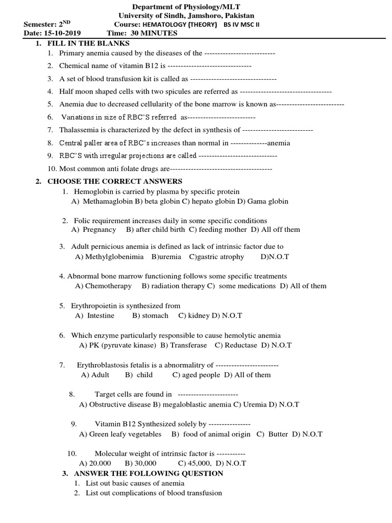 Hematology Exam Questions and Answers | PDF | Anemia | Red Blood Cell
