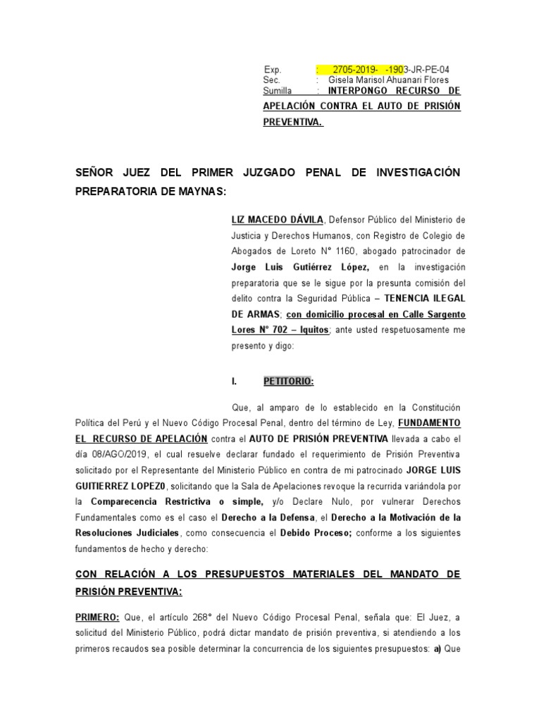 Apelacion de Prision Preventiva Por Tenencia Ilegal de Armas | PDF | Ley  procesal | Apelación, image size:768x1024