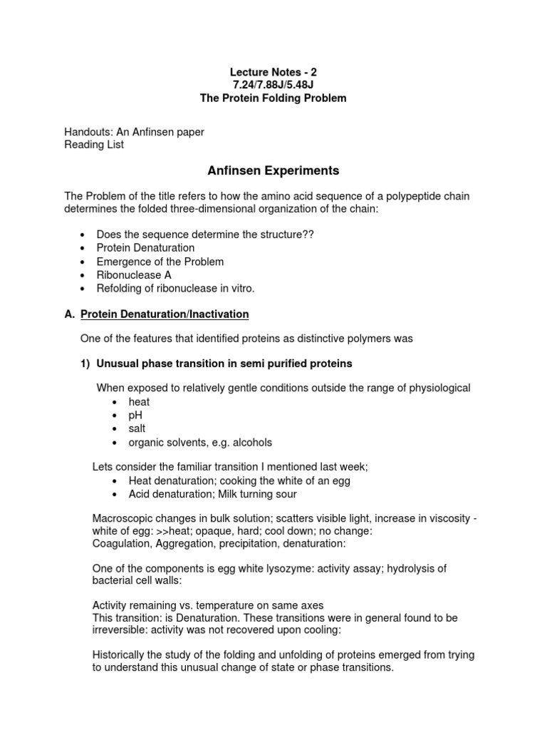 Anfinsen Experiments Lecture Notes 2 7.24/7.88J/5.48J The Protein