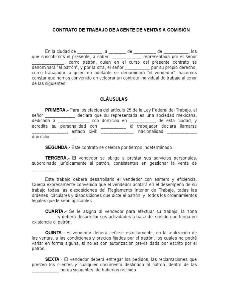 Contrato de Trabajo de Agente de Ventas a Comisión