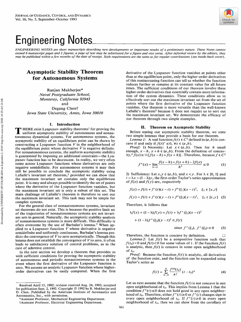 Asymptotic Stability Theorem For Autonomous Systems - Mukherjee Chen ...