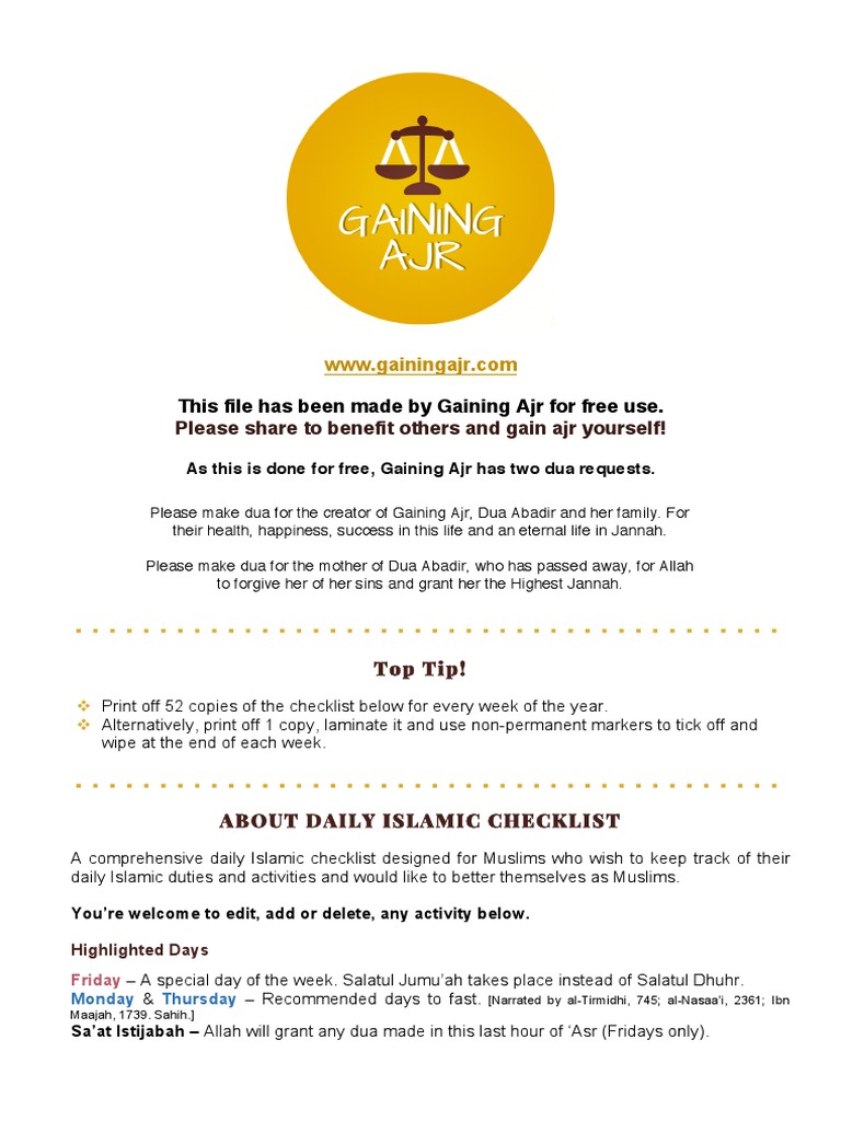 Daily Islamic Duties Checklist | PDF | Islamic Ethics | Salat