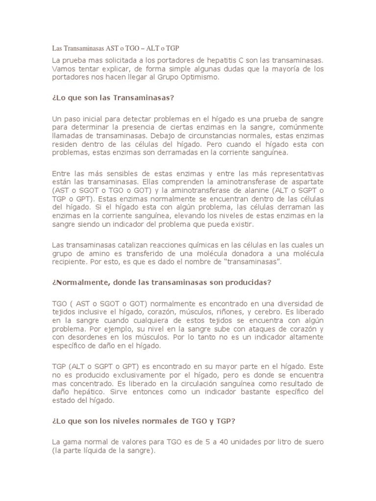 Transaminasas TGO y TGP: Significado y Valores | PDF | Transaminasa ...