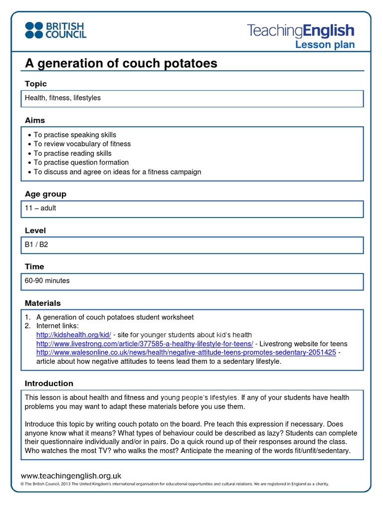 A Generation of Couch Potatoes Lesson Plan PDF PDF Sedentary