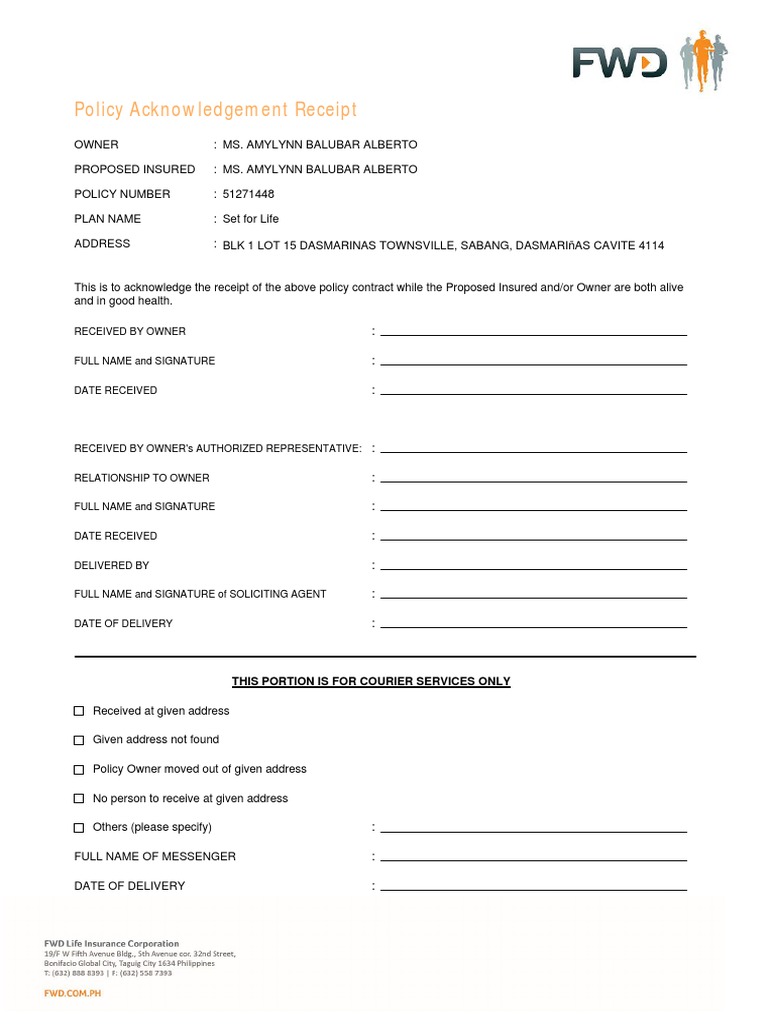 Policy Acknowledgement Receipt: Received by Owner | PDF | Investment ...
