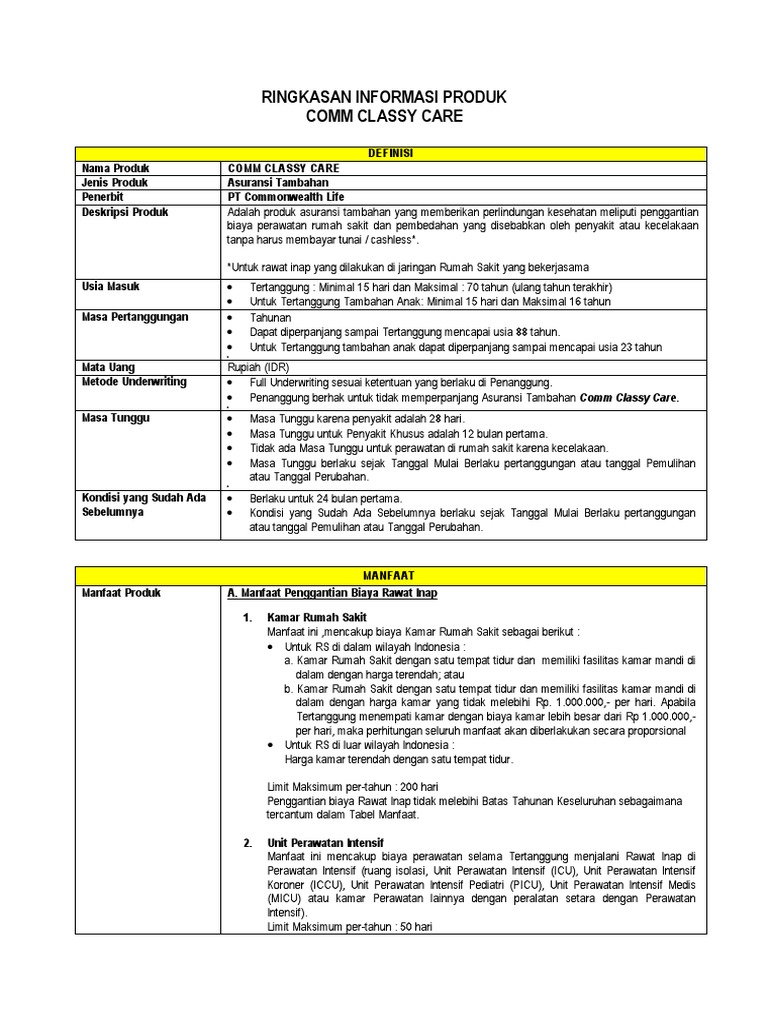 Ringkasan Informasi Produk Comm Classy Care Kamar Rumah Sakit