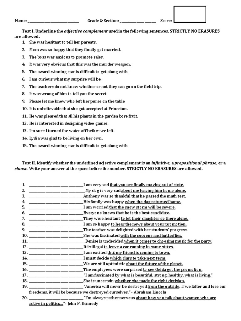 Adjective Complement Test Worksheet | PDF | Syntax | Grammar