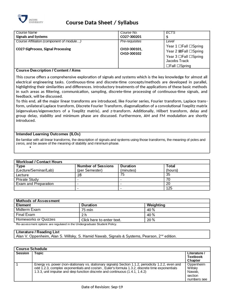Signals and Systems Course Syllabus | PDF | Laplace Transform ...