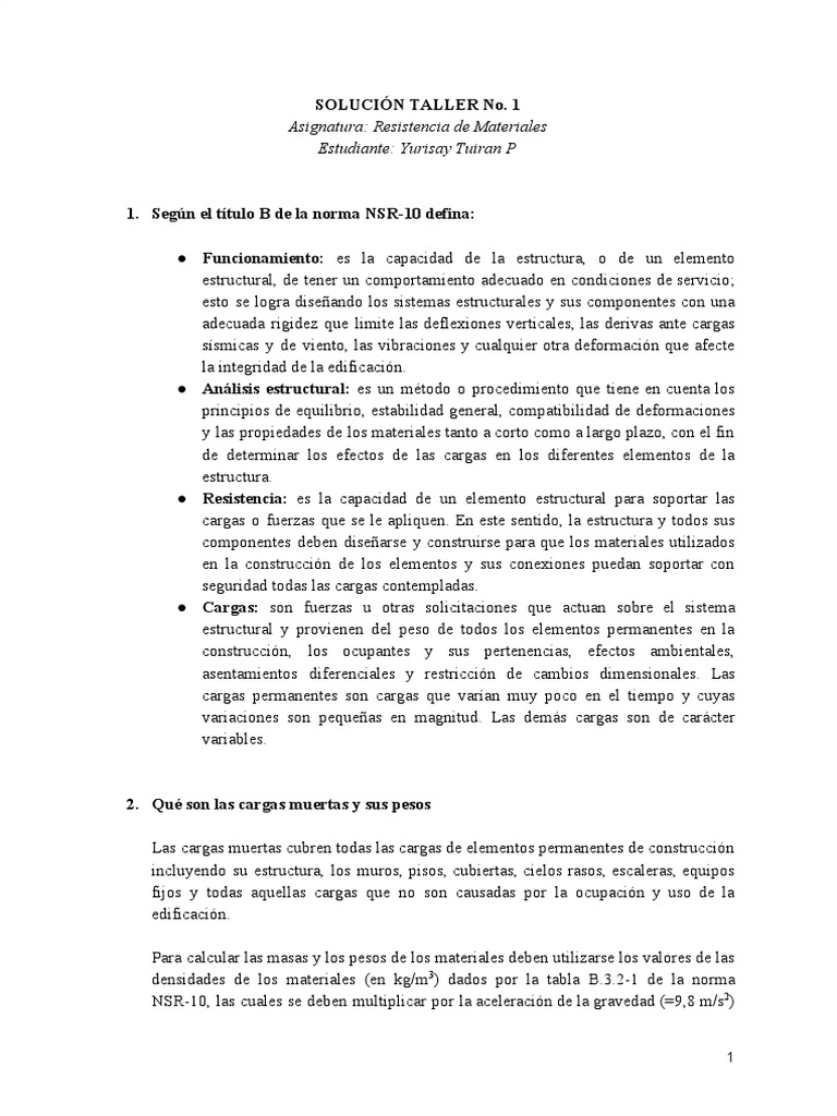Taller NSR-10 PDF | PDF | Análisis estructural | Resistencia de materiales