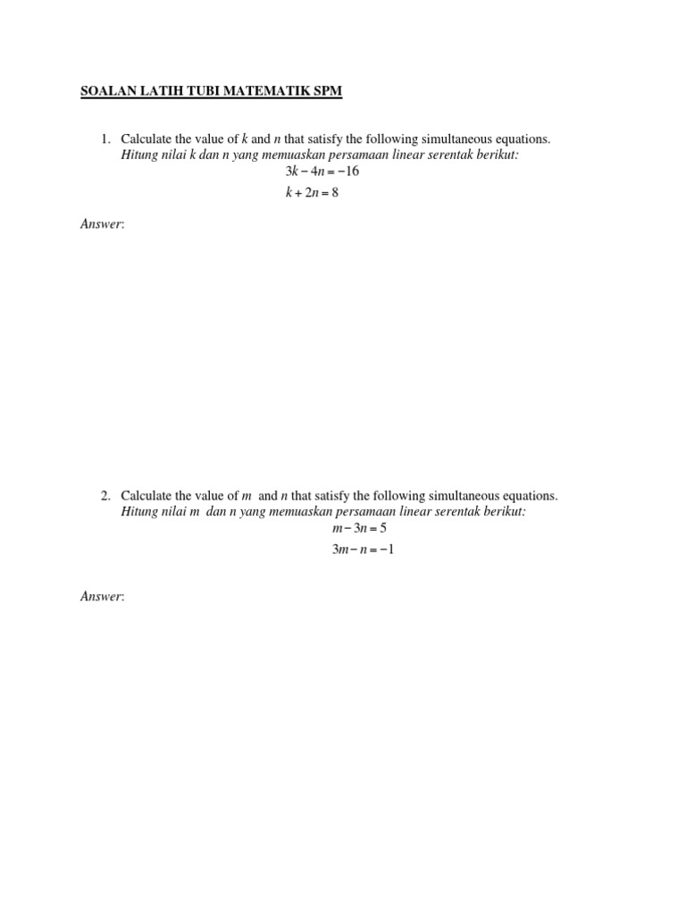 Latih Tubi Matematik Persamaan Linear Serentak Spm Pdf