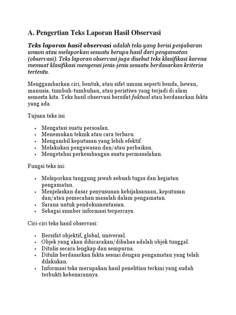 Teks Laporan Hasil Observasi Adalah Teks Yang Berisi Penjabaran Umum Melaporkan Sesuatu Berupa Hasil Dari