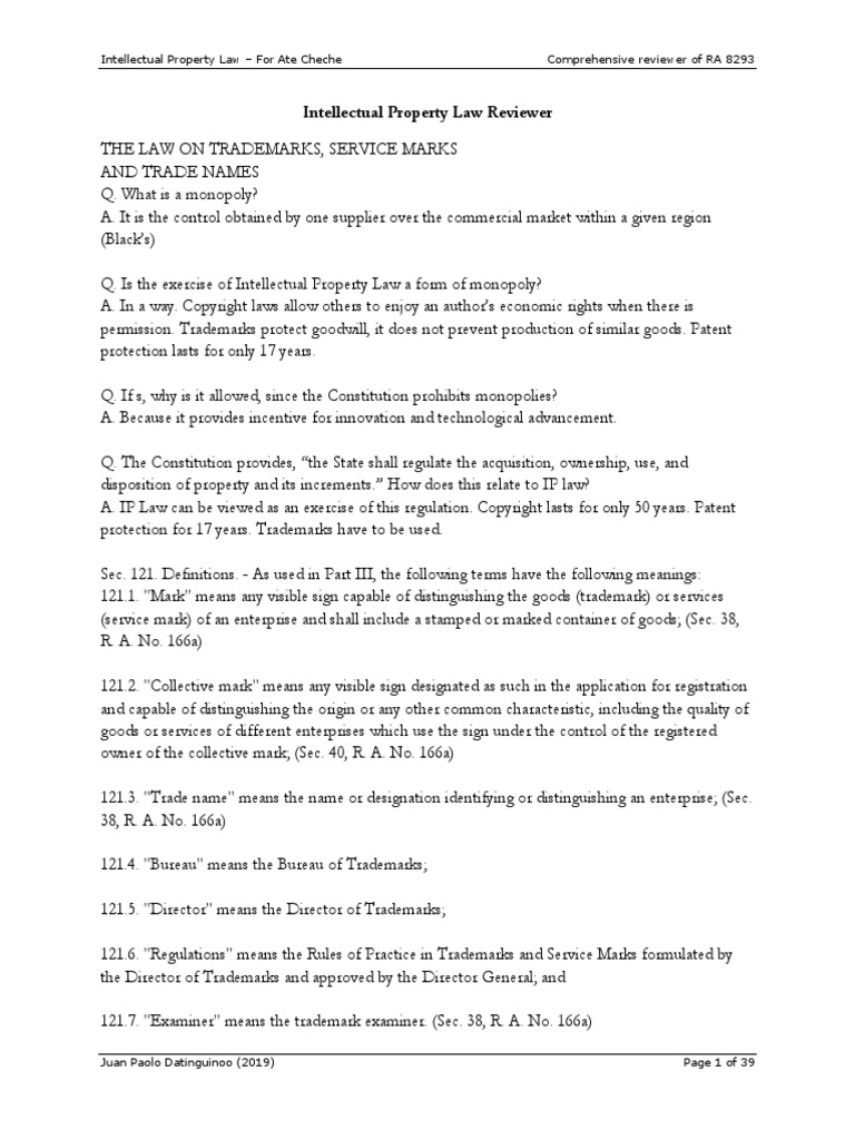Intellectual Property Law Reviewer | PDF | Trademark Distinctiveness ...