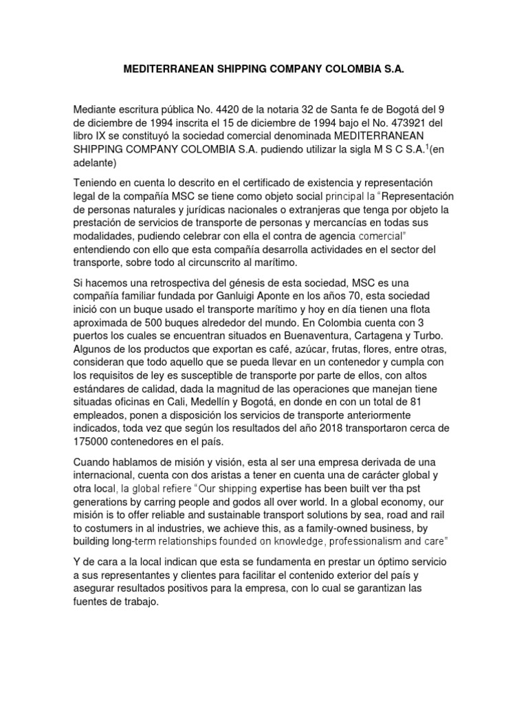 Mediterranean Shipping Company Colombia S PDF Colombia Bogotá