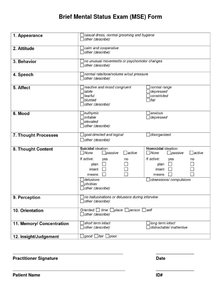 Brief Mental Status Exam (MSE) Form: Practitioner Signature Date | PDF