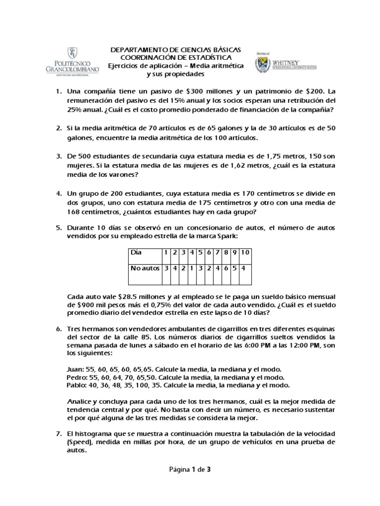 Ejercicios de Media Aritmética para Primaria | PDF | Mediana | Histograma