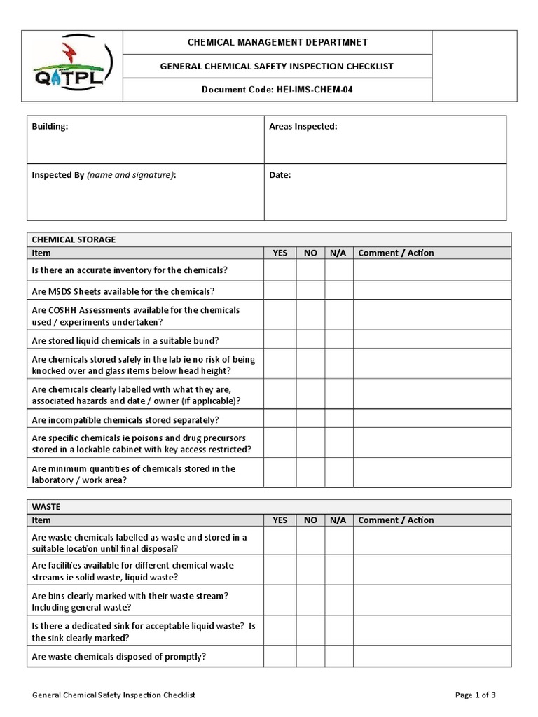 General Chemical Safety Inspection Checklist PDF Laboratories